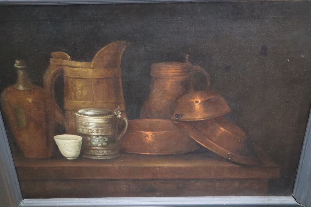 Dutch School (late 18th/early 19th century), oil on canvas, Still life of copper pots on a table top, 58 x 80cm